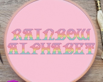Rainbow Fonts Cross Stitch Pattern, Pastel, Alphabet, (PDF)