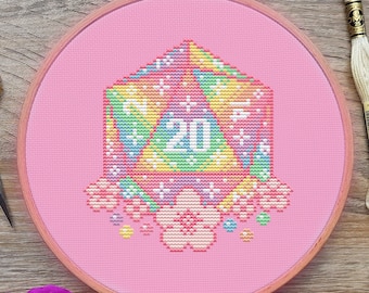 Rainbow D20 Cross Stitch Pattern, DnD Cross Stitch, Dungeons and Dragons, Dice Cross Stitch, Pastel Cross Stitch, Pixel Cross Stitch, Crit
