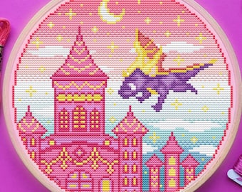 Dragon Cross Stitch Pattern, Castle, Gaming, Pastel, Pixel, (PDF)