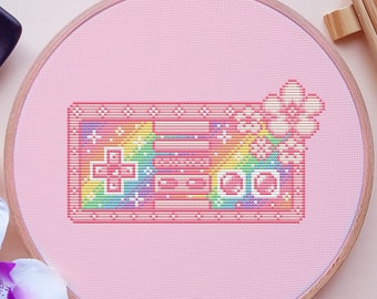 Modèle de point de croix pour manette NES, arc-en-ciel, jeux, pixels, (PDF)