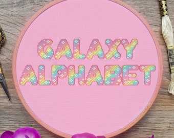 Galaxy Alphabet Cross Stitch Pattern, Font Cross Stitch, Rainbow Cross Stitch, Letter Cross Stitch, Anime Cross Stitch, Counted, PDF, DMC