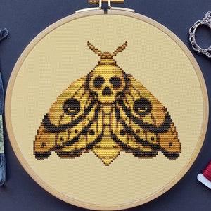 Golden Moth Cross Stitch Pattern, Witch Cross Stitch, Skull Cross Stithc, Witchy Cross Stitch, Steampunk Cross Stitch, Gothic Cross Stitch