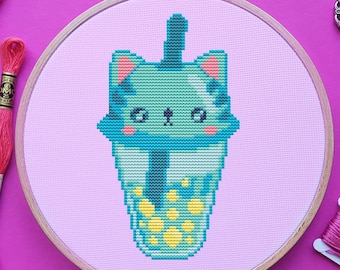 Bubble Tea Cross Stitch Pattern, Cat, Kawaii, (PDF)