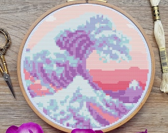 Great Wave Cross Stitch Pattern, Pastel Cross Stitch, Kawaii Cross Stitch, Anime Cross Stitch, Japan Cross Stitch, Counted, Kreuzstich, PDF