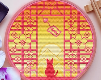 Japan Cross Stitch Pattern, Cat Cross Stitch, Pastel Cross Stitch, Pixel Cross Stitch, Cherry Blossom Cross Stitch, Cute, Kawaii, PDF, DMC