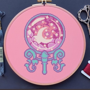 Pastel Crystal Ball Cross Stitch Pattern, Witchy Cross Stitch, Kawaii Cross Stitch, Witch Cross Stitch, Moon Cross Stitch, Counted, DMC, PDF