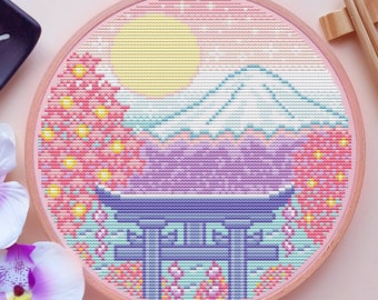 Mt. Fuji Cross Stitch Pattern, Japan Cross Stitch, Pastell Cross Stitch , Torii Cross Stitch, Kawaii Cross Stitch, Cute, Counted, DMC, PDF