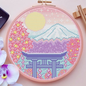 Mt. Fuji Cross Stitch Pattern, Japan Cross Stitch, Pastell Cross Stitch , Torii Cross Stitch, Kawaii Cross Stitch, Cute, Counted, DMC, PDF