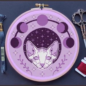 Sphynx Cross Stitch Pattern, Cat Cross Stitch, Witch Cross Stitch, Moon Cross Stitch, Witchy Cross Stitch, Counted Cross Stitch, PDF, DMC