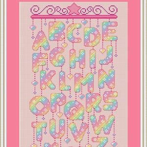Patrón de punto de cruz para móvil con alfabeto, punto de cruz arcoíris, punto de cruz pastel, punto de cruz con letras, punto de cruz de anime, contado, PDF, DMC
