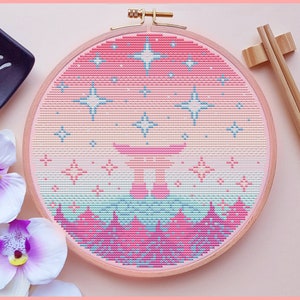 Pastel Torii Cross Stitch Pattern, Japan Cross Stitch, Japanese Cross Stitch, Cute Cross Stitch, Kawaii Cross Stitch, Counted Cross Stitch