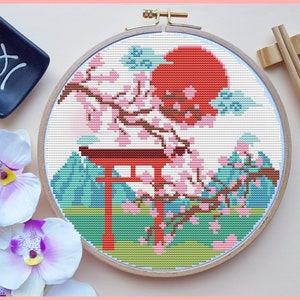 Japan Cross Stitch Pattern, Landscape Cross Stitch, Modern Cross Stitch, Fuji Cross Stitch, Cherry Blossom Cross Stitch, Counted, DMC, PDF