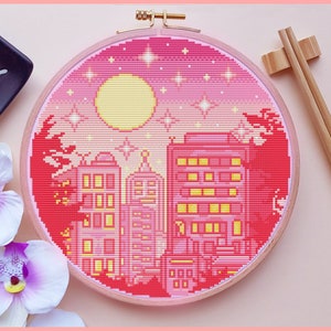 Pastell Cityscape Cross Stitch Pattern, Anime Cross Stitch, Kawaii Cross Stitch, Galaxy Cross Stitch, Modern Cross Stitch, Cute, Pink, PDF image 1