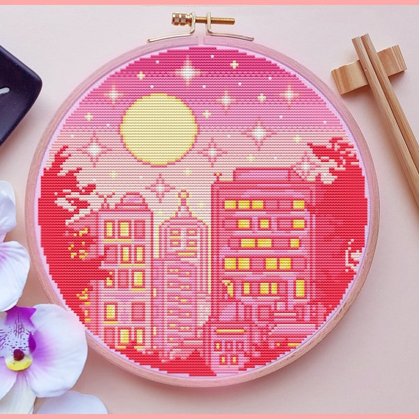 Pastell Cityscape Cross Stitch Pattern, Anime Cross Stitch, Kawaii Cross Stitch, Galaxy Cross Stitch, Modern Cross Stitch, Cute, Pink, PDF