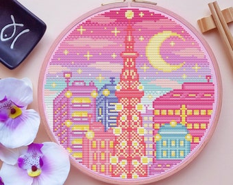 Tokyo Tower Cross Stitch Pattern, Japan Cross Stitch, Pastel Cross Stitch, Cute Cross Stitch, Japanese Cross Stitch, City Cross Stitch, PDF