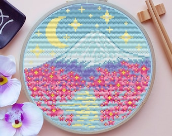 Mt. Fuji Cross Stitch Pattern, Japan Cross Stitch, Pastell Cross Stitch , Torii Cross Stitch, Kawaii Cross Stitch, Cute, Counted, DMC, PDF