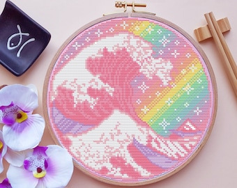 Great Wave Cross Stitch Pattern, Rainbow Cross Stitch, Pastel Cross Stitch, Anime Cross Stitch, Japan Cross Stitch, Kawaii, Counted, PDF