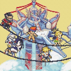 May include: A pixel art cross-stitch pattern featuring a group of characters from a video game standing on a floating island. The characters are surrounded by a blue and white structure with red accents. The island is surrounded by white clouds.