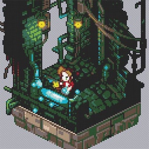 Op de afbeelding: Een gepixelde illustratie van een jong persoon die in een donker, overwoekerd bos staat. De persoon draagt een rood shirt en houdt een geel voorwerp vast. Het bos is gevuld met groen gebladerte en gloeiende lichten.