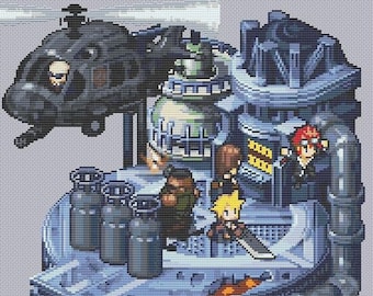 以下が含まれることがあります： ビデオゲームのシーンのピクセル化されたイラスト。黒いヘリコプターが、複数のレベルを持つ未来的なグレーとブルーの建物の上を飛んでいます。建物のプラットフォームには、赤い髪の女性とひげを生やした男性など、いくつかのキャラクターが立っています。