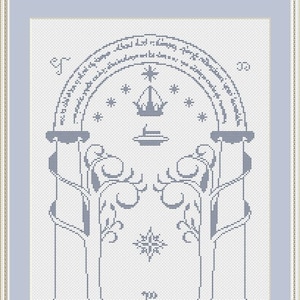 May include: A black and white cross-stitch pattern of a doorway with an archway and a star at the top. The archway is decorated with a vine pattern and the text "All that is gold does not glitter, not all those who wander are lost; the old that is strong does not wither, deep roots are not reached by the frost. From the ashes a fire shall be woken, a light from the shadows shall spring; renewed shall be blade that was broken, the crownless again shall be king."