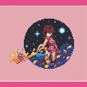 Op de afbeelding: Borduurpatroon met een meisje met roze haar dat op een halve maan in een sterrenhemel zit.