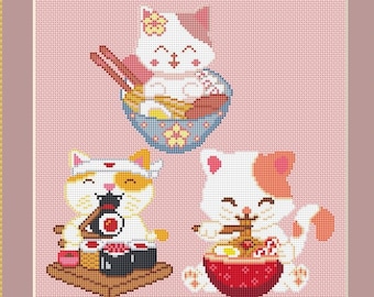 Japan Cat Cross Stitch Pattern Set, Sushi, Ramen, (PDF)