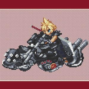 May include: A pixelated cross-stitch design of a video game character riding a motorcycle. The character has spiky blonde hair and is wearing a black outfit. The motorcycle is black and has a red sword attached to the front.