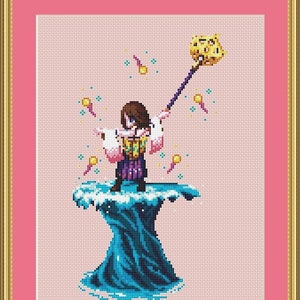 Pode incluir: Um padrão de ponto cruz de um personagem de desenho animado com cabelo castanho, vestindo um vestido rosa e amarelo, segurando um cajado com uma coruja amarela no topo. O personagem está em pé em uma plataforma em forma de nuvem azul e branca.