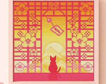 Japan Cross Stitch Pattern, Cat, Kawaii, Pixel, (PDF)