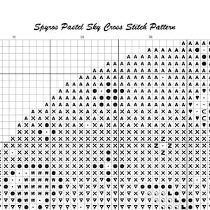 May include: A cross-stitch pattern titled "Spyros Pastel Sky" on graph paper. The design features a geometric pattern with various symbols, including triangles, circles, and crosses. The text "Page 1" is in the upper left corner.