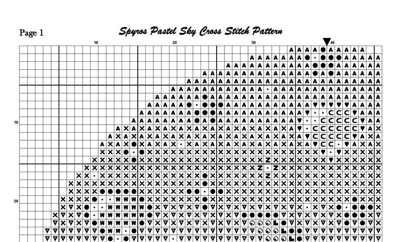May include: A cross-stitch pattern titled "Spyros Pastel Sky" on graph paper. The design features a geometric pattern with various symbols, including triangles, circles, and crosses. The text "Page 1" is in the upper left corner.