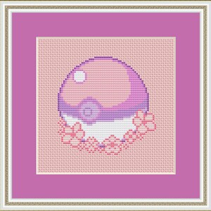 May include: A purple and pink cross-stitch design of a bubble with a white center and pink flowers around it.
