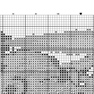 May include: Black and white cross stitch pattern chart with a design of a mountain range with a small house and trees. The chart is divided into a grid with numbers along the top and side.