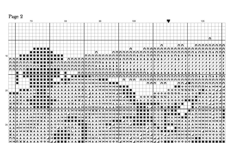 May include: Black and white cross stitch pattern chart with a design of a mountain range with a small house and trees. The chart is divided into a grid with numbers along the top and side.