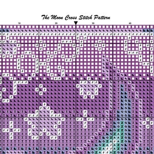 May include: A cross-stitch pattern chart titled "The Moon Cross Stitch Pattern" on a white background. The chart uses a grid of squares in shades of purple, white, and blue to create a design. The text "Page 1" is in the upper left corner.