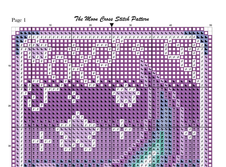 May include: A cross-stitch pattern chart titled "The Moon Cross Stitch Pattern" on a white background. The chart uses a grid of squares in shades of purple, white, and blue to create a design. The text "Page 1" is in the upper left corner.