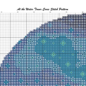 Peut inclure: Un mod&egrave;le de point de croix pour un ch&acirc;teau d'eau avec un sch&eacute;ma de couleurs bleu et vert. Le motif est sur une grille avec des num&eacute;ros en haut et sur le c&ocirc;t&eacute;.