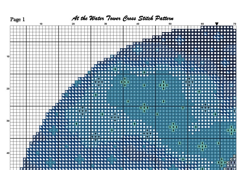 Peut inclure: Un mod&egrave;le de point de croix pour un ch&acirc;teau d'eau avec un sch&eacute;ma de couleurs bleu et vert. Le motif est sur une grille avec des num&eacute;ros en haut et sur le c&ocirc;t&eacute;.