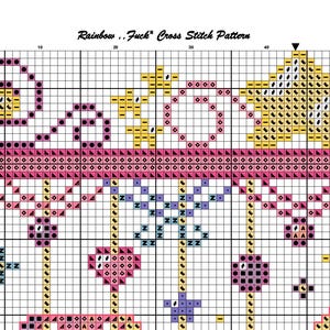 May include: A cross-stitch pattern titled "Rainbow .. Fuck" on graph paper. The design features a repeating pattern of stars, hearts, and other shapes in pink, yellow, blue, and black. The page is labeled "Page 1".