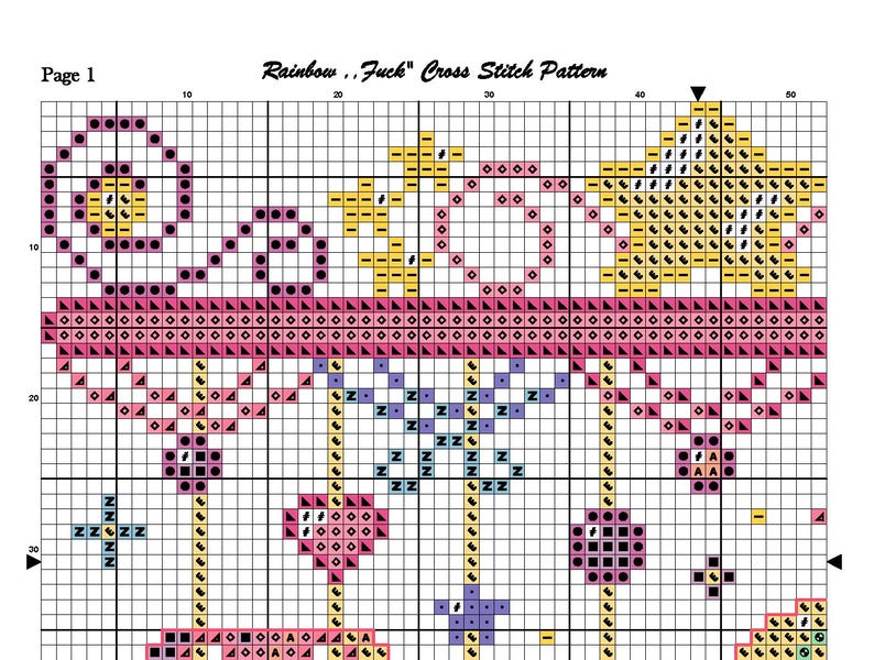 May include: A cross-stitch pattern titled "Rainbow .. Fuck" on graph paper. The design features a repeating pattern of stars, hearts, and other shapes in pink, yellow, blue, and black. The page is labeled "Page 1".