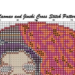 May include: A cross-stitch pattern featuring a colorful design. The pattern includes the text "Maomao and Jinshi Cross Stitch Pattern" and "Page 1". The design is composed of various colors, including shades of pink, orange, and purple.