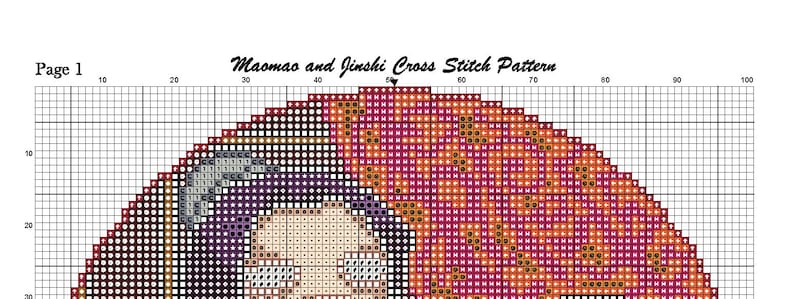 May include: A cross-stitch pattern featuring a colorful design. The pattern includes the text "Maomao and Jinshi Cross Stitch Pattern" and "Page 1". The design is composed of various colors, including shades of pink, orange, and purple.