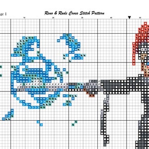 May include: A cross-stitch pattern page labeled "Page 1" with the text "Reno & Rude Cross Stitch Pattern." The design features a stylized blue and teal wave-like pattern and a black and white geometric figure. The pattern uses a grid.