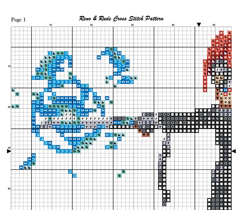 May include: A cross-stitch pattern page labeled "Page 1" with the text "Reno & Rude Cross Stitch Pattern." The design features a stylized blue and teal wave-like pattern and a black and white geometric figure. The pattern uses a grid.