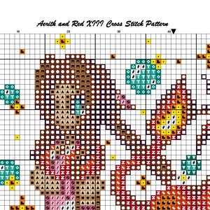 Puede incluir: Patr&oacute;n de punto de cruz con un personaje marr&oacute;n sobre un fondo rojo y amarillo. El patr&oacute;n incluye el texto "Aerith and Red XIII Cross Stitch Pattern".