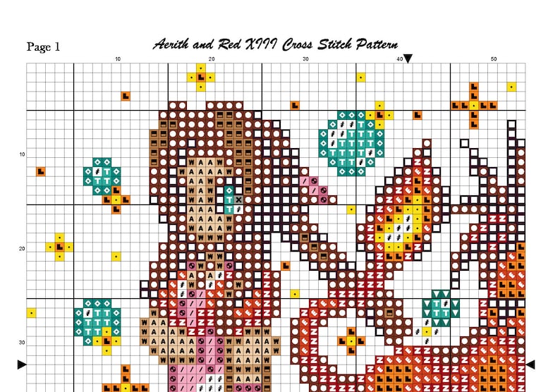Puede incluir: Patr&oacute;n de punto de cruz con un personaje marr&oacute;n sobre un fondo rojo y amarillo. El patr&oacute;n incluye el texto "Aerith and Red XIII Cross Stitch Pattern".