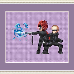 May include: Cross-stitch artwork featuring two figures in black outfits. One figure has red hair and is wielding a blue energy blast. The other figure is bald and stands behind the first. The background is a light purple color.