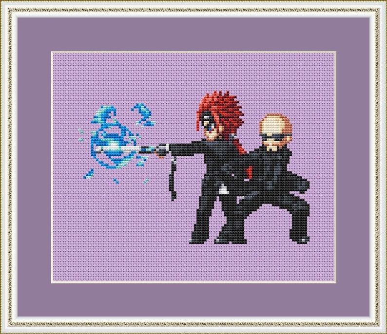 May include: Cross-stitch artwork featuring two figures in black outfits. One figure has red hair and is wielding a blue energy blast. The other figure is bald and stands behind the first. The background is a light purple color.