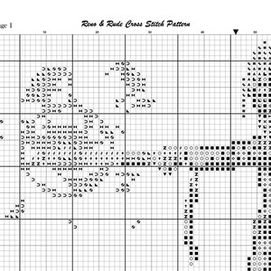 May include: A black and white cross-stitch pattern titled "Reno & Rude Cross Stitch Pattern" with a grid layout. The pattern includes various symbols and letters, with the word "Page 1" in the upper left corner.